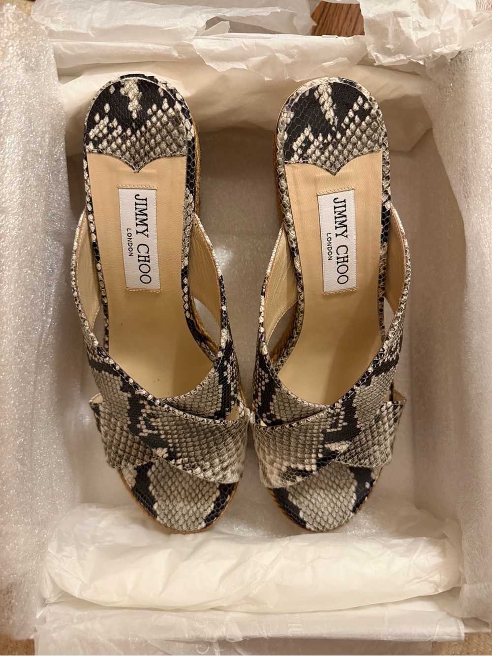 Jimmy Choo Black and Cream Snake-Print Slide Mules